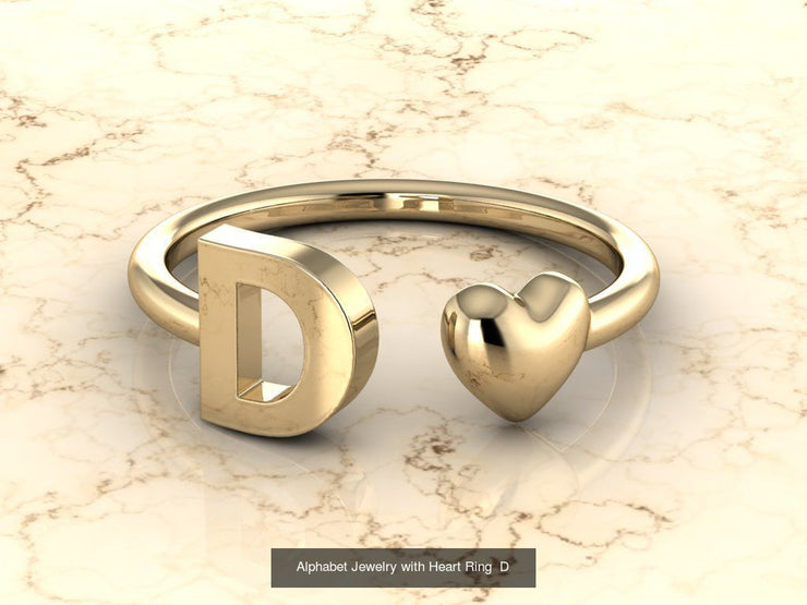 10k Yellow Gold Inital Ring Band With Solid Gold Heart - Gold Heart Ring
