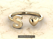 10k Yellow Gold Inital Ring Band With Solid Gold Heart - Gold Heart Ring