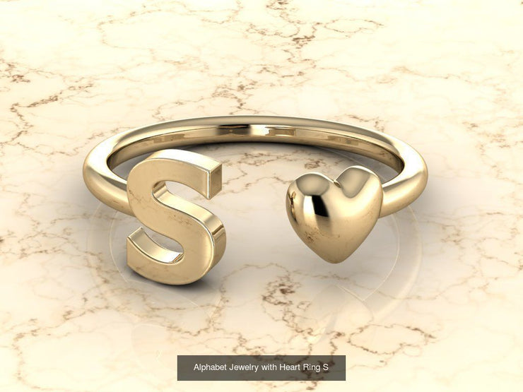 10k Yellow Gold Inital Ring Band With Solid Gold Heart - Gold Heart Ring