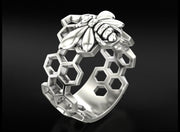 10k 14k 18k Solid Gold Honeycomb Ring with Bee Sculpture Charm
