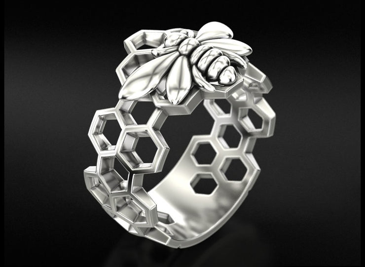 10k 14k 18k Solid Gold Honeycomb Ring with Bee Sculpture Charm