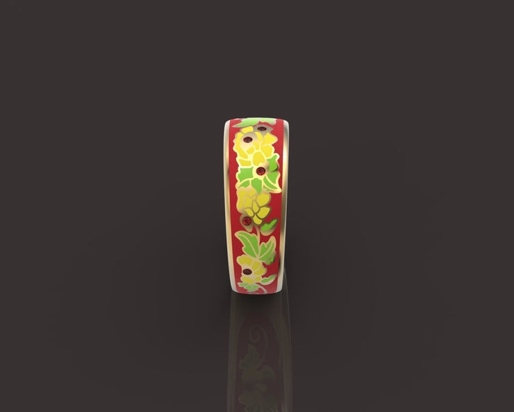 10k 14k 18k Solid Gold Ring with Colored Enamel Flower Pattern