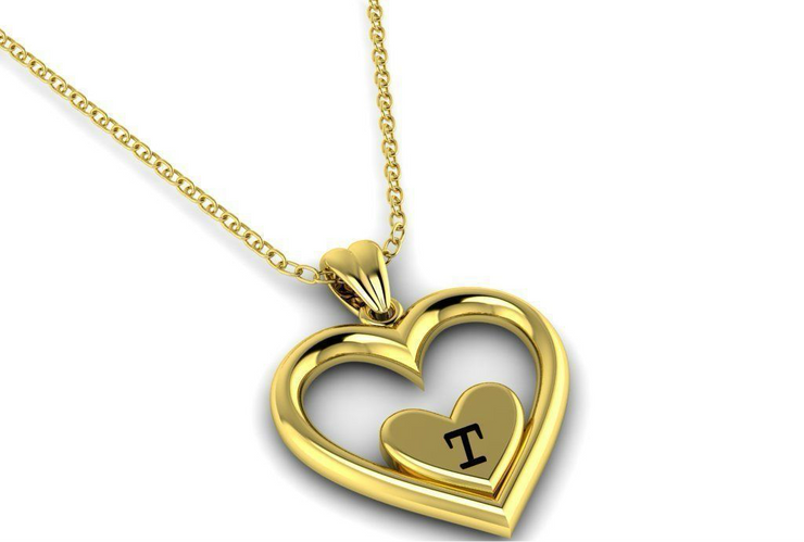 Solid Gold Heart Shaped Initial Pendant with Black Enamel Lettering w/ Gold Bail & Cable Link Chain