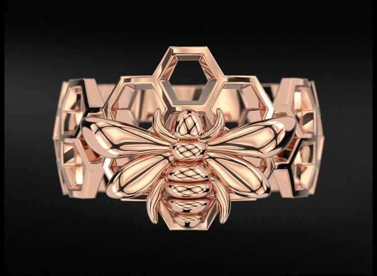 10k 14k 18k Solid Gold Honeycomb Ring with Bee Sculpture Charm