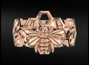 10k 14k 18k Solid Gold Honeycomb Ring with Bee Sculpture Charm
