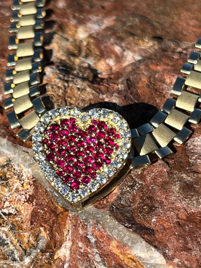 Solid Gold Sliding Heart Pendant w/ White Diamond & Pink Sapphire - Slide on Heart  w/ White Diamond Trimmed Edges and Colored Gemstone Center - Slide On Heart with Rolex Style Link Chain