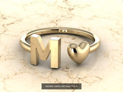 10k Yellow Gold Inital Ring Band With Solid Gold Heart - Gold Heart Ring