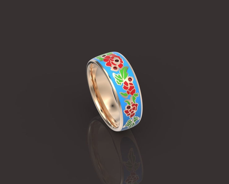 10k 14k 18k Solid Gold Ring with Colored Enamel Flower Pattern
