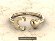 10k Yellow Gold Inital Ring Band With Solid Gold Heart - Gold Heart Ring