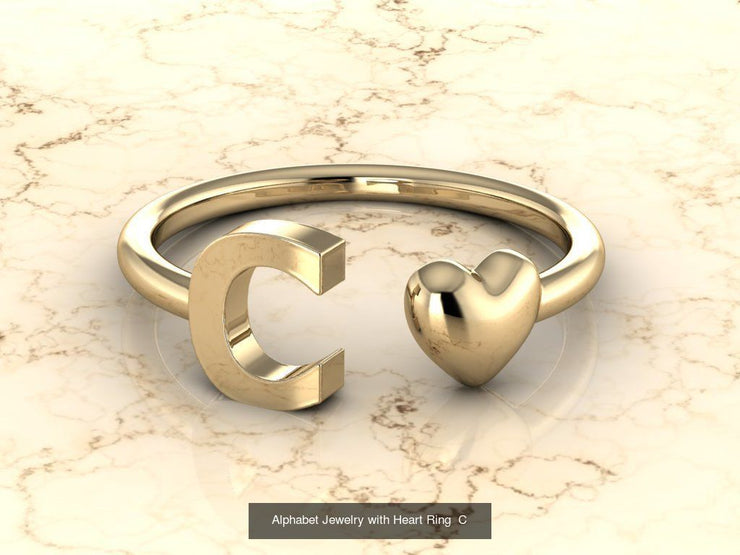 10k Yellow Gold Inital Ring Band With Solid Gold Heart - Gold Heart Ring