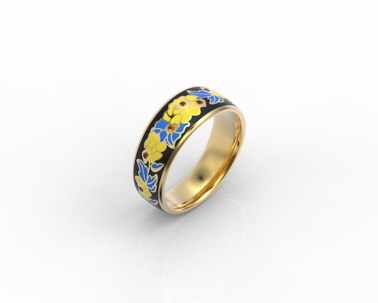 10k 14k 18k Solid Gold Ring with Colored Enamel Flower Pattern