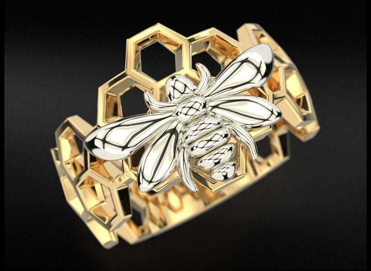 10k 14k 18k Solid Gold Honeycomb Ring with Bee Sculpture Charm