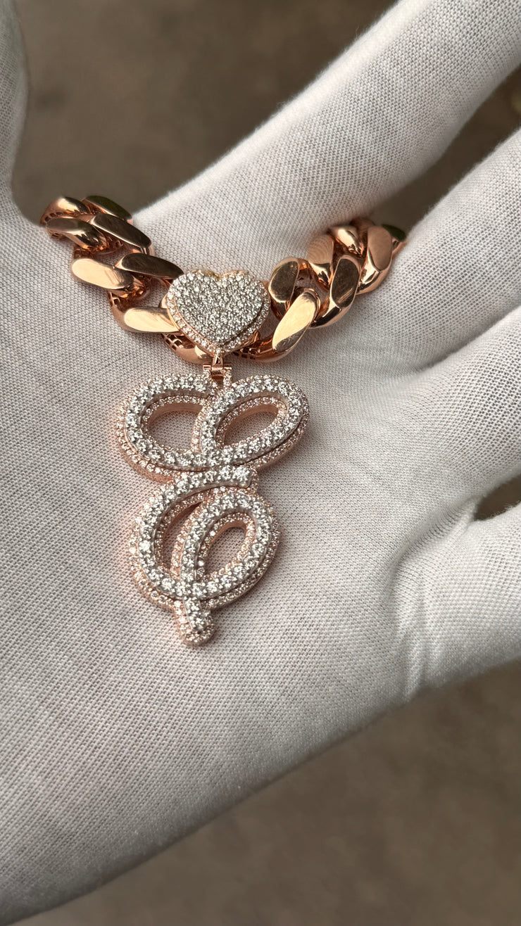 Solid Rose Gold Diamond Initial Pendant w/ White Gold Top Layer -Two Layer Two Tone Solid Gold Diamond Initial Pendants - Diamond Initial Pendant w/ Miami Cuban Link Chain