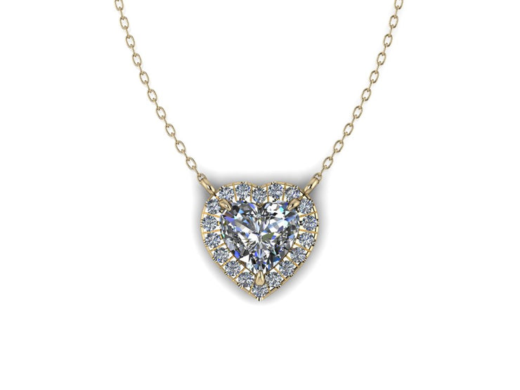 14k Heart Shaped Diamond Center Necklace - Heart Halo w/ Center Heart