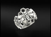 10k 14k 18k Solid Gold Honeycomb Ring with Bee Sculpture Charm