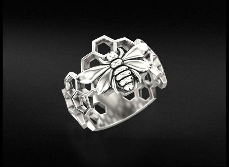 10k 14k 18k Solid Gold Honeycomb Ring with Bee Sculpture Charm