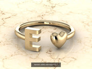 10k Yellow Gold Inital Ring Band With Solid Gold Heart - Gold Heart Ring