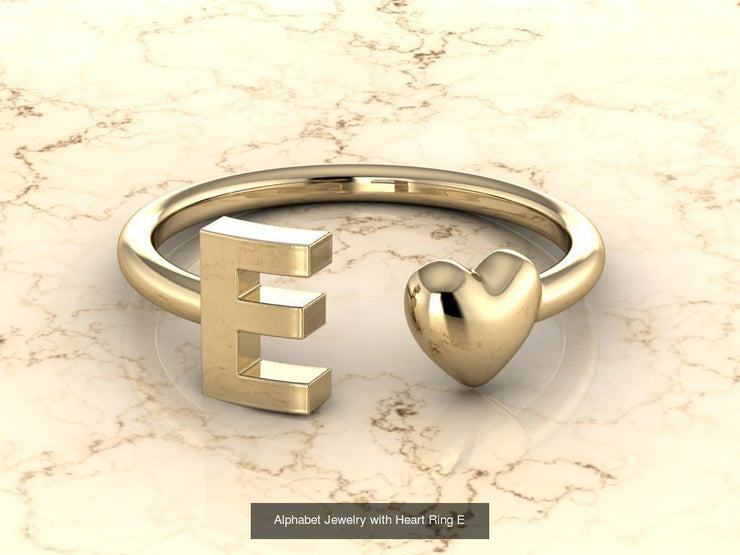 10k Yellow Gold Inital Ring Band With Solid Gold Heart - Gold Heart Ring