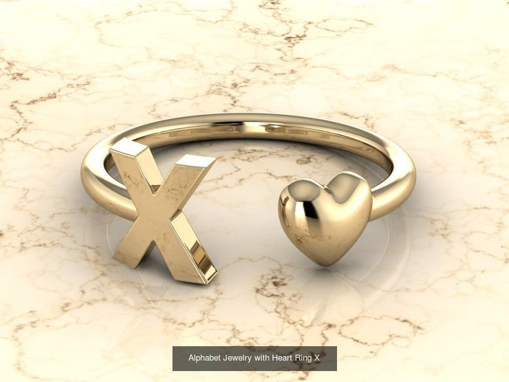 10k Yellow Gold Inital Ring Band With Solid Gold Heart - Gold Heart Ring