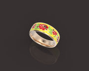 10k 14k 18k Solid Gold Ring with Colored Enamel Flower Pattern