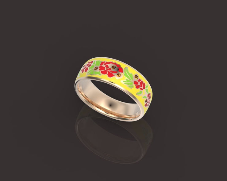 10k 14k 18k Solid Gold Ring with Colored Enamel Flower Pattern