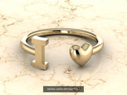 10k Yellow Gold Inital Ring Band With Solid Gold Heart - Gold Heart Ring