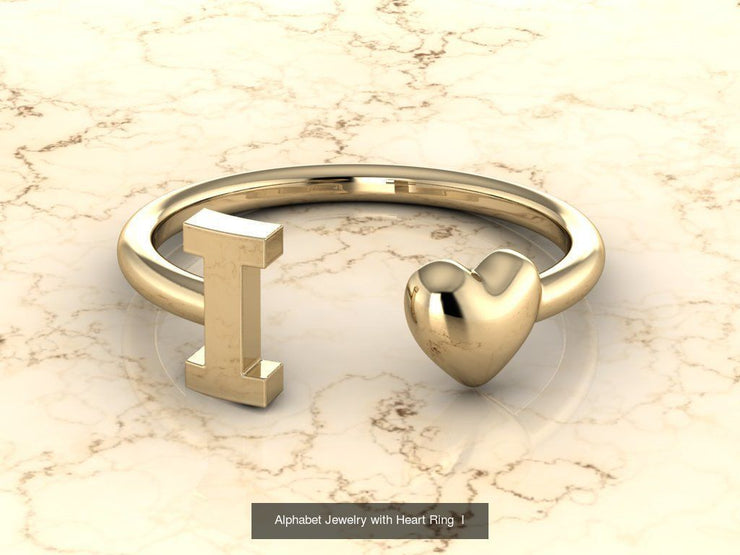 10k Yellow Gold Inital Ring Band With Solid Gold Heart - Gold Heart Ring