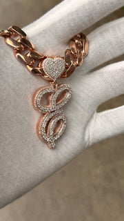 Solid Rose Gold Diamond Initial Pendant w/ White Gold Top Layer -Two Layer Two Tone Solid Gold Diamond Initial Pendants - Diamond Initial Pendant w/ Miami Cuban Link Chain