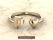 10k Yellow Gold Inital Ring Band With Solid Gold Heart - Gold Heart Ring