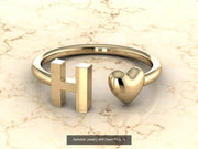 10k Yellow Gold Inital Ring Band With Solid Gold Heart - Gold Heart Ring