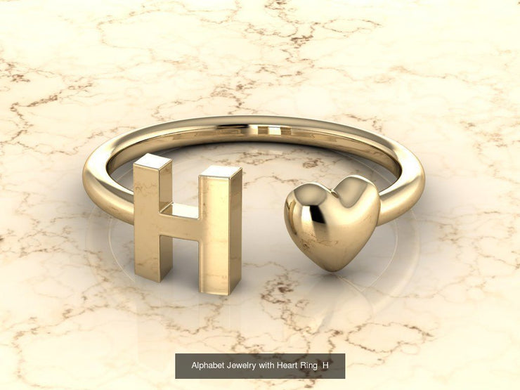 10k Yellow Gold Inital Ring Band With Solid Gold Heart - Gold Heart Ring