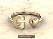 10k Yellow Gold Inital Ring Band With Solid Gold Heart - Gold Heart Ring