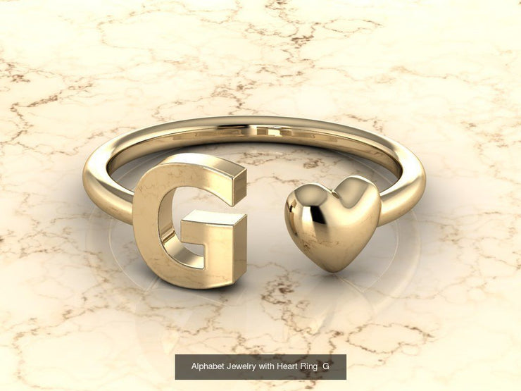 10k Yellow Gold Inital Ring Band With Solid Gold Heart - Gold Heart Ring