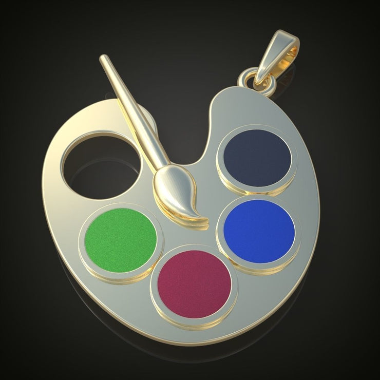 22k Solid Gold Artist Palette Enamel Pendant w/ Rope Chain