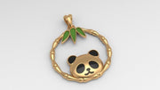 Solid Gold Bamboo Hoop Panda Bear Pendant w/ Black and Green Enamel- Enamel Panda Bear Charm - Gold Panda