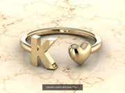 10k Yellow Gold Inital Ring Band With Solid Gold Heart - Gold Heart Ring