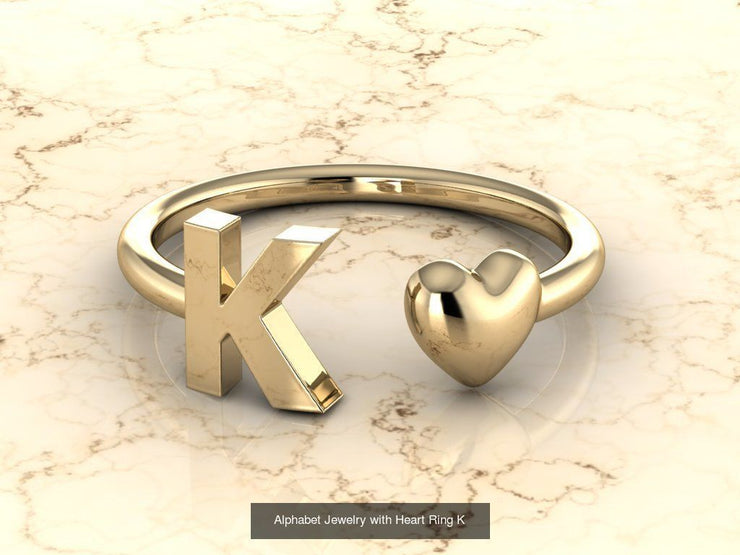 10k Yellow Gold Inital Ring Band With Solid Gold Heart - Gold Heart Ring