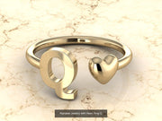 10k Yellow Gold Inital Ring Band With Solid Gold Heart - Gold Heart Ring