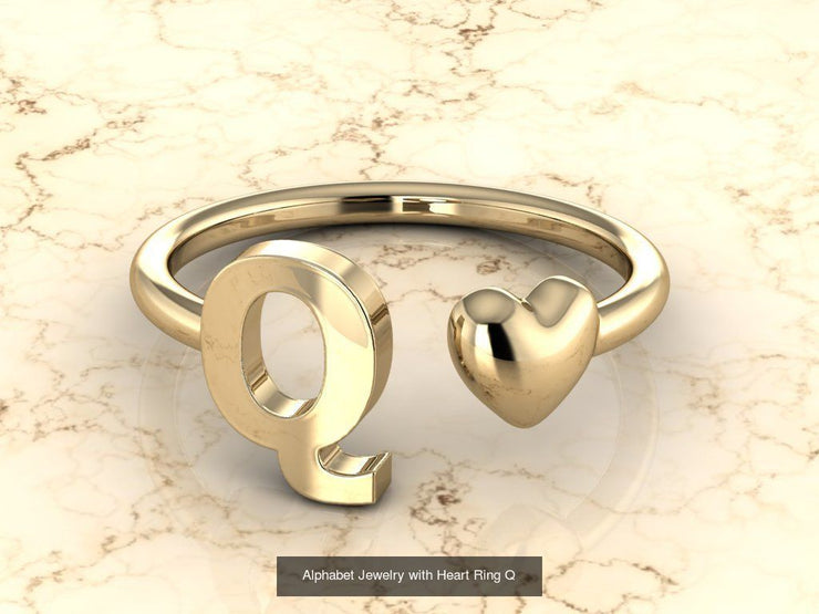 10k Yellow Gold Inital Ring Band With Solid Gold Heart - Gold Heart Ring