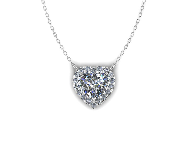 14k Heart Shaped Diamond Center Necklace - Heart Halo w/ Center Heart