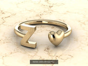 10k Yellow Gold Inital Ring Band With Solid Gold Heart - Gold Heart Ring