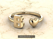 10k Yellow Gold Inital Ring Band With Solid Gold Heart - Gold Heart Ring