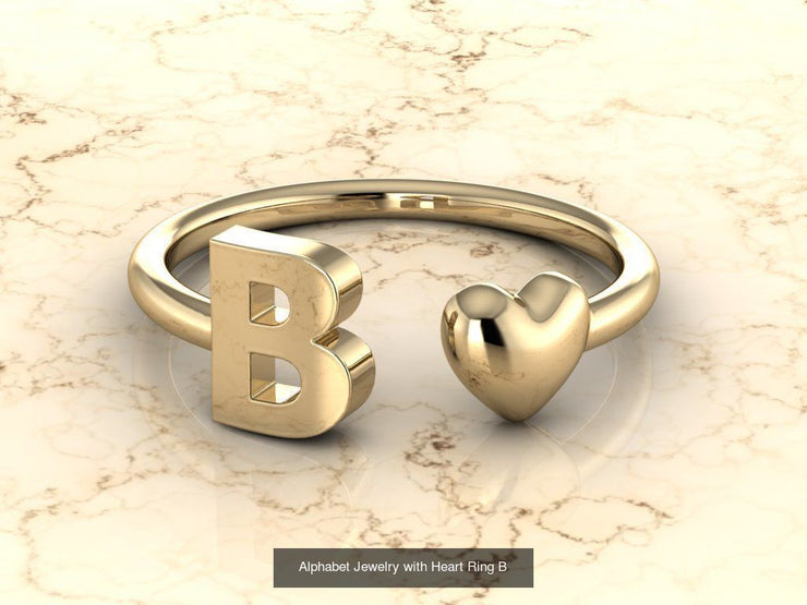 10k Yellow Gold Inital Ring Band With Solid Gold Heart - Gold Heart Ring