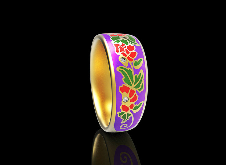 10k 14k 18k Solid Gold Ring with Colored Enamel Flower Pattern