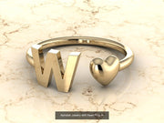 10k Yellow Gold Inital Ring Band With Solid Gold Heart - Gold Heart Ring