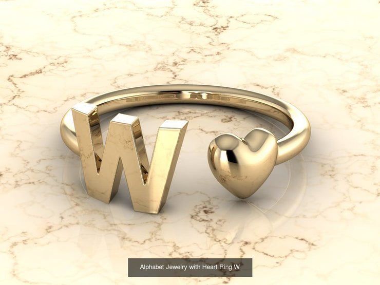 10k Yellow Gold Inital Ring Band With Solid Gold Heart - Gold Heart Ring