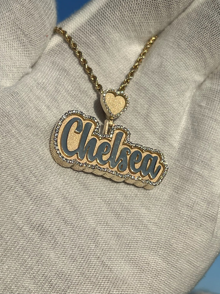 Custom Designed Solid Gold Diamond & Enamel Trimmed Name Pendant w/ Customizable Diamond Bail or Hidden Bail