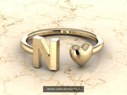 10k Yellow Gold Inital Ring Band With Solid Gold Heart - Gold Heart Ring