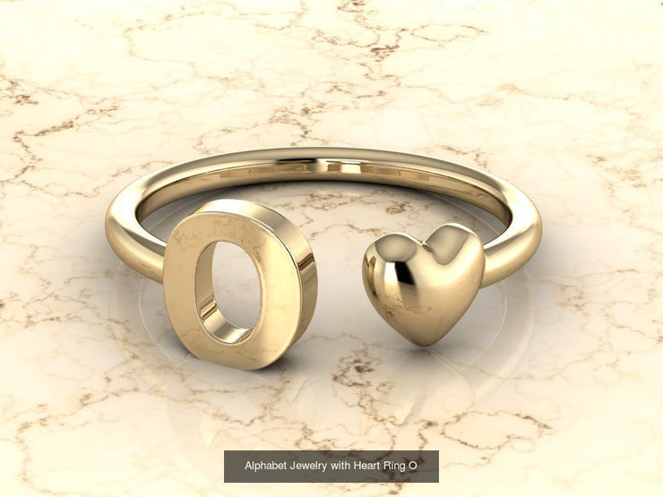 10k Yellow Gold Inital Ring Band With Solid Gold Heart - Gold Heart Ring