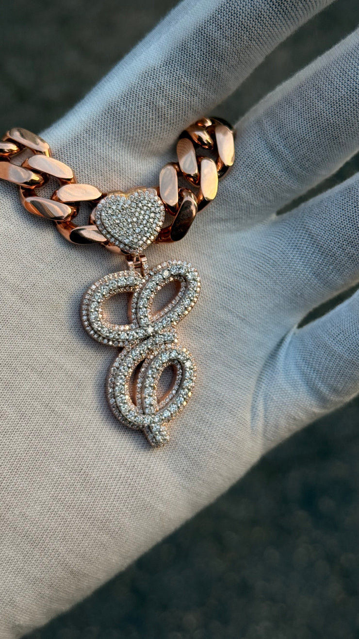 Solid Rose Gold Diamond Initial Pendant w/ White Gold Top Layer -Two Layer Two Tone Solid Gold Diamond Initial Pendants - Diamond Initial Pendant w/ Miami Cuban Link Chain